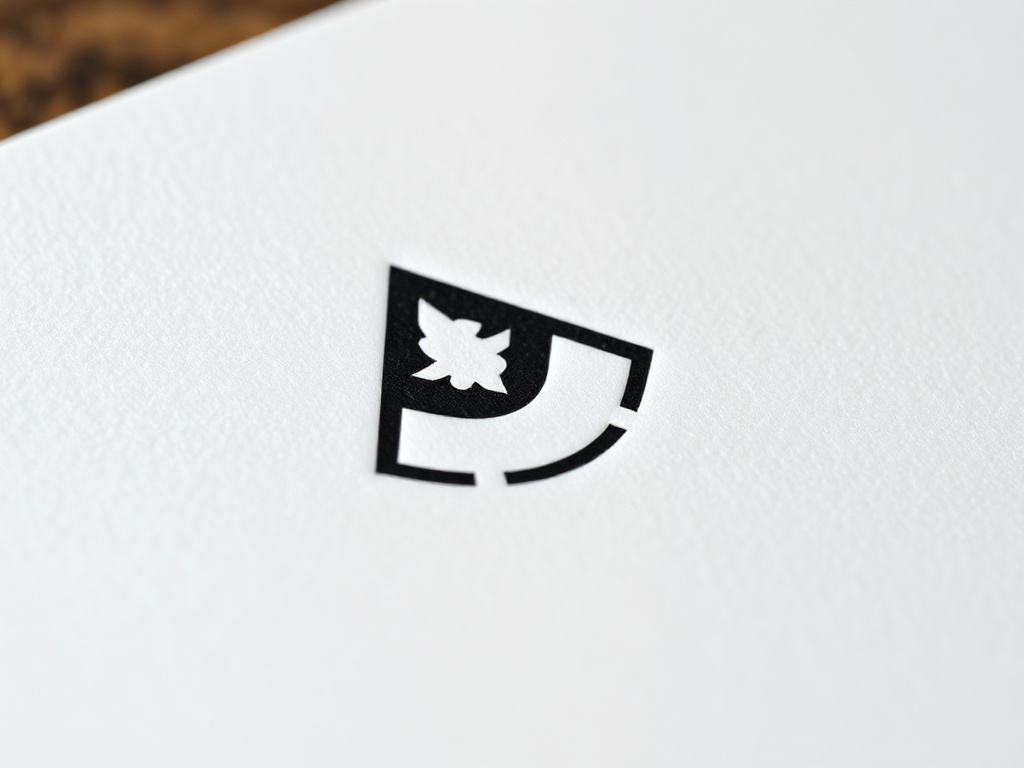 Extreme close-up of a stylized minimalist logo on a matte paper business card, subtle lighting, premium feel, 8k, photorealistic.